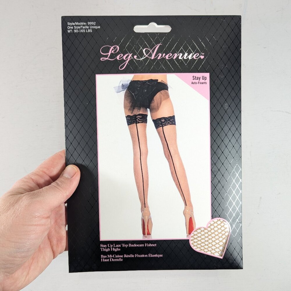 LEG AVENUE *Beige* Stay Up Lace Top Backseam Fishnet Thigh High Stockings